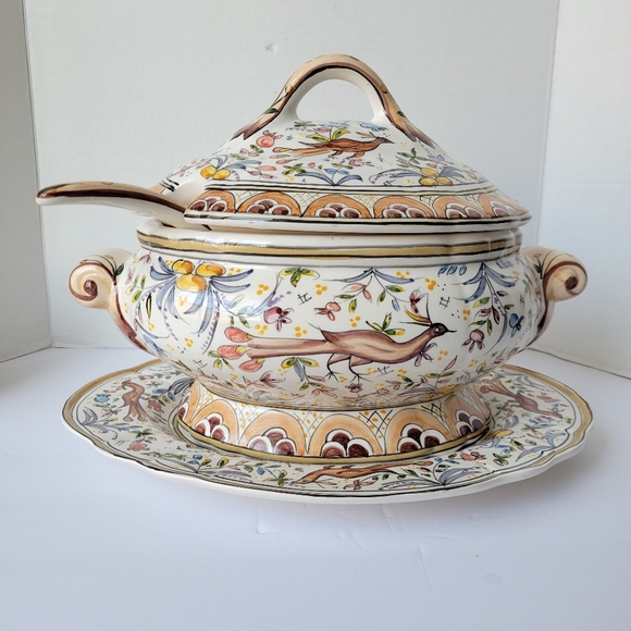 Vintage Holu Ceramic Pottery Portugal Large 4 PC Set Tureen Hand Painted - Picture 4 of 9